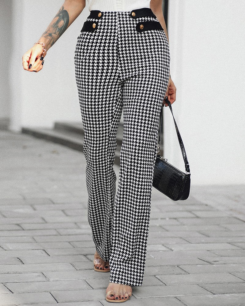 Necydress Olivia Houndstooth Print Buttoned High Waist Wide Leg Tailored Pants