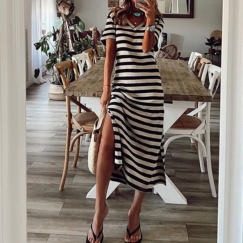 Necydress Sinem Striped Print V-Neck Short Sleeve Slit Dress