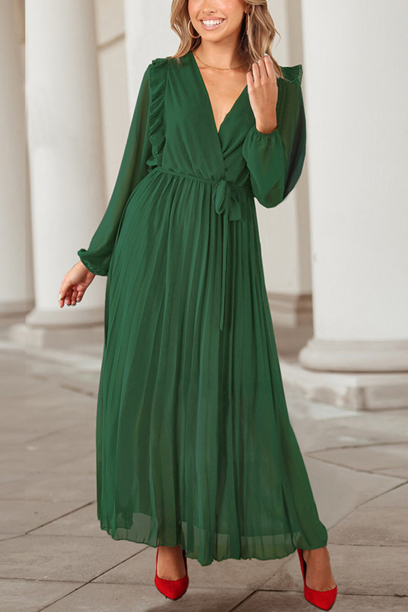 Necydress Melani Autumn V-Neck Long Sleeve Maxi Pleated Dress