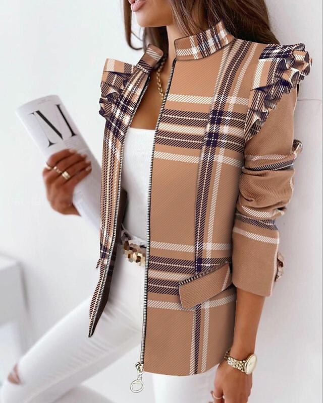 Necydress Becky Plaid Print Ruffles Sleeve Zipper Up Coat