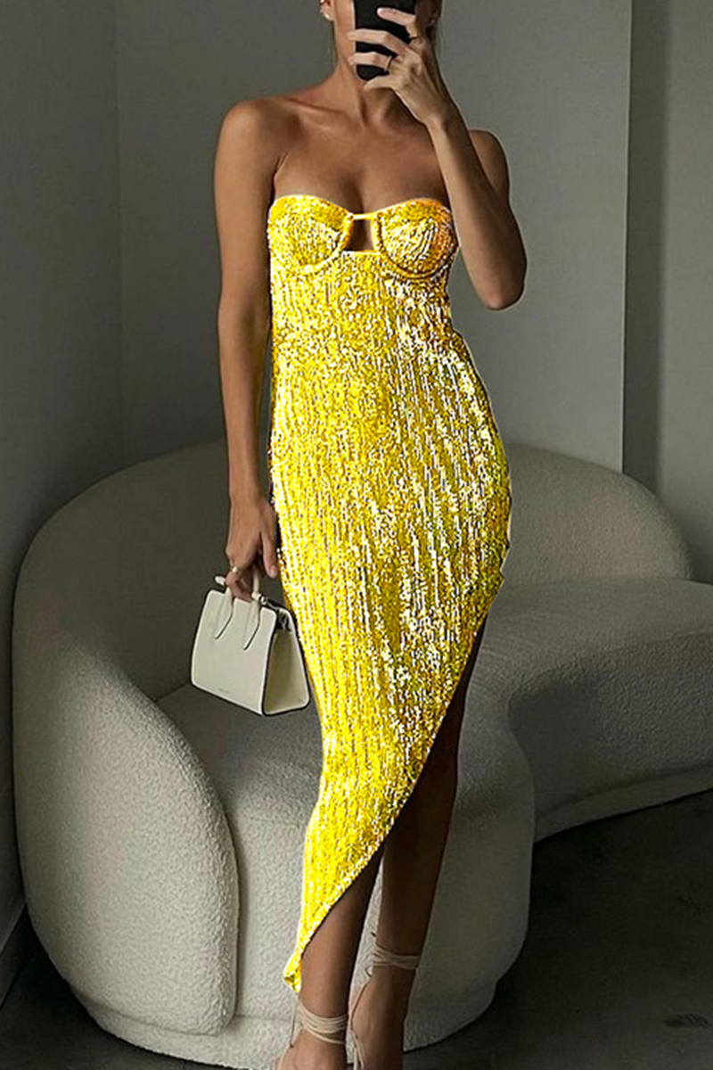 Necydress  Elegant Yellow Sequin Sheath Party Ladies Long Dress