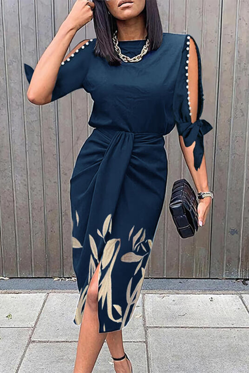 Necydress Leslie The Amie Leaf Print Pearls Decor Knotted Dress