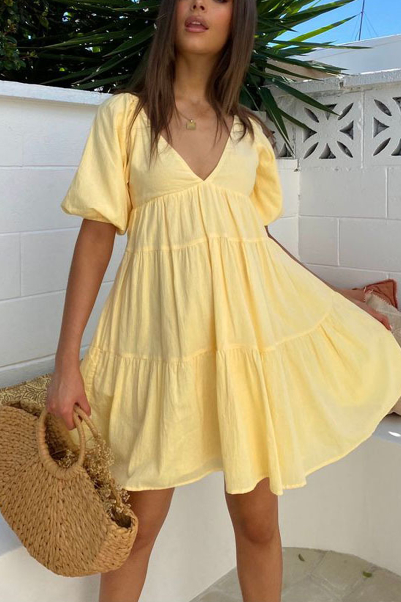 Necydress Benjamin Yellow V-Neck Bubble Sleeve Dress