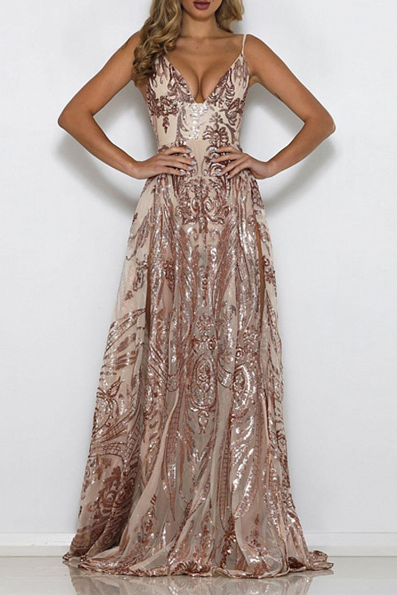 Necydress Danielle Elegant V-Neck Party Sequins Split Dress