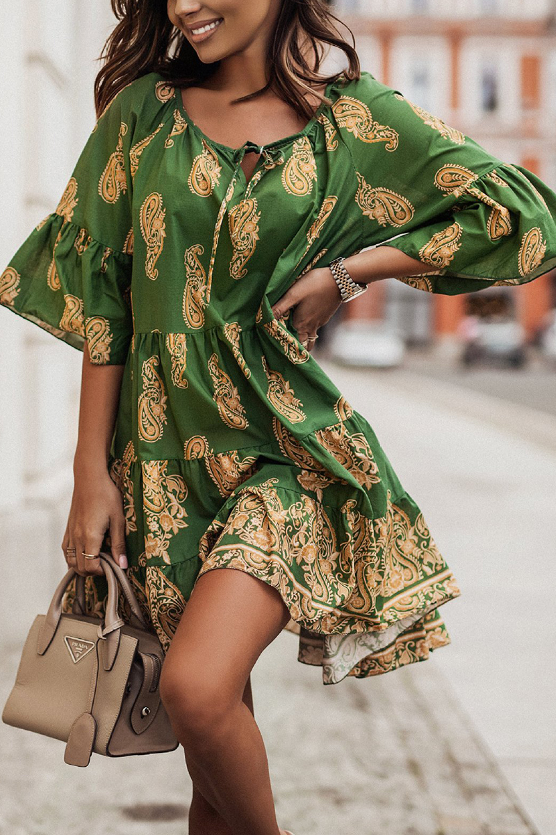 Necydress Megan Vacation Flared Sleeve Vintage Print Dress