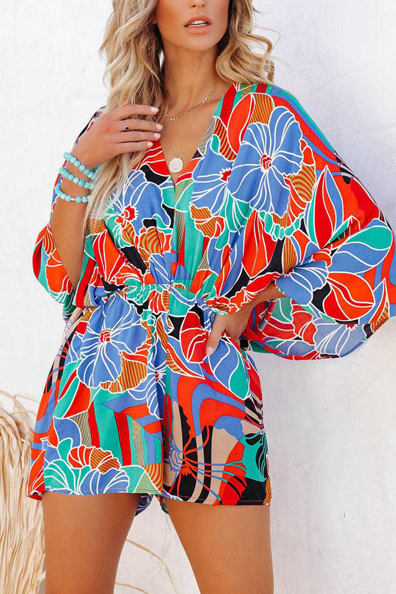Necydress Cathleen Casual Printing V-Neck Bat Sleeve Romper