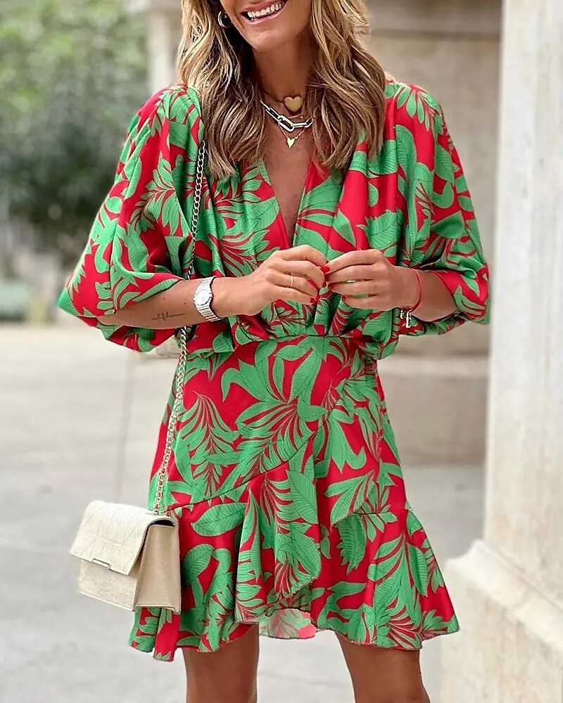 Necydress Theresa Casual Vacation Bat Sleeve V-Neck Printed Dress