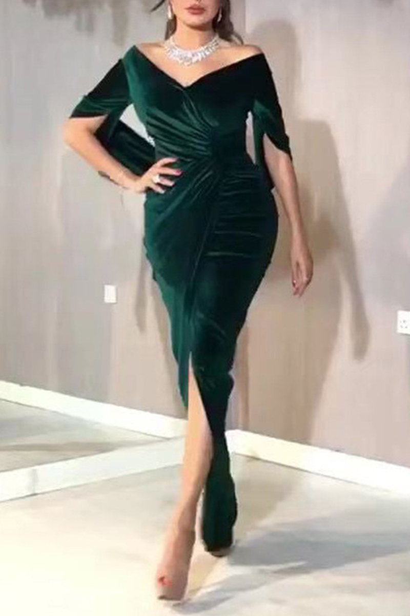 Necydress  Party Ladies Gold Velvet Deep V-Neck Slit Maxi Dress