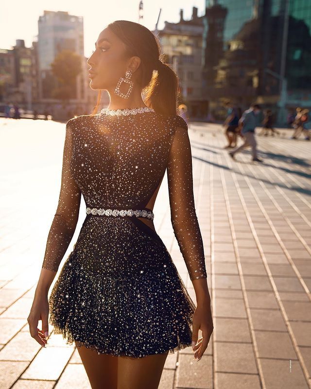 Necydress Chic Long Sleeves Black Crystal Sequins Mini Prom Dress