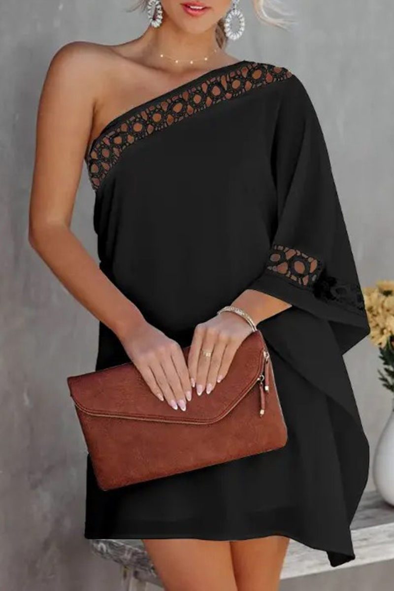 Necydress Mary Elegant One-Shoulder Solid Color Splicing Lace Dress