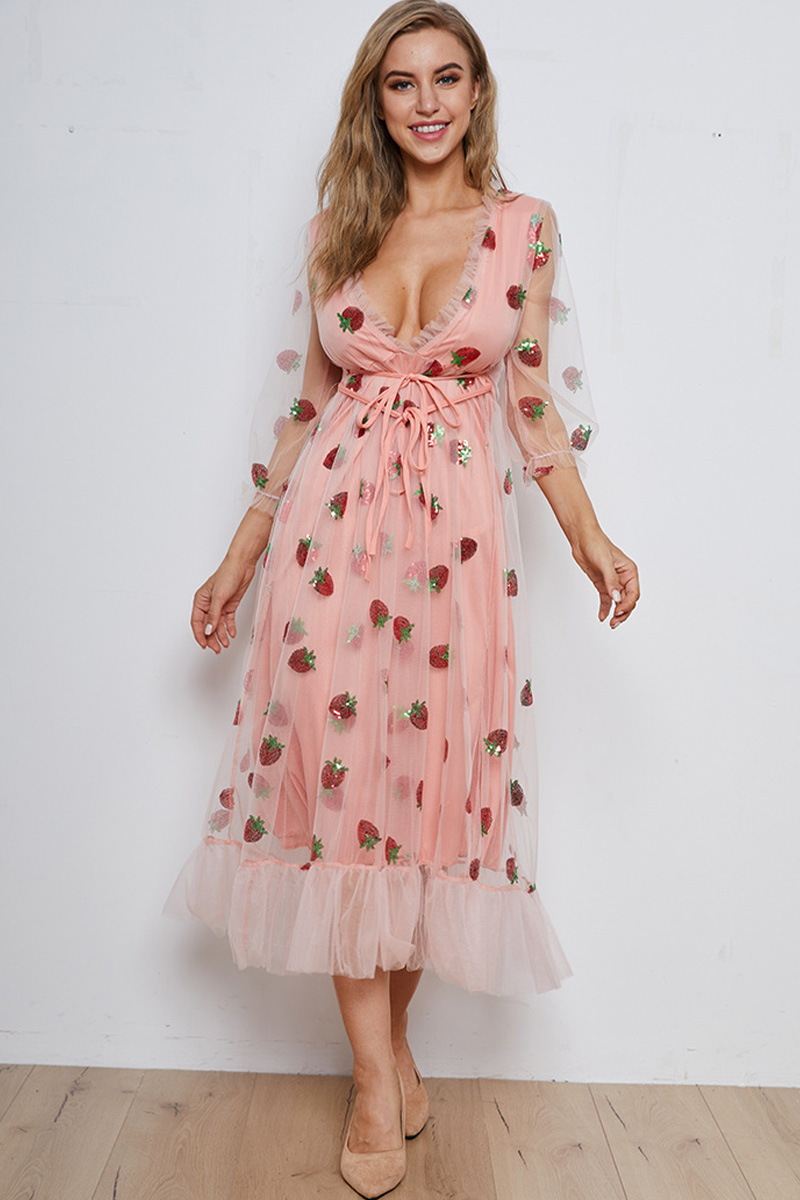 Necydress Ashlie Strawberry Embroidery Midi Dress