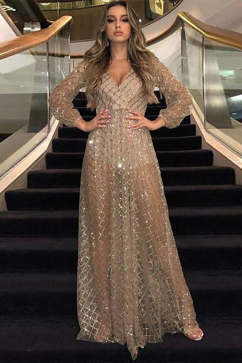 Necydress Leslie Sexy V-Neck Backless Sequin Dress
