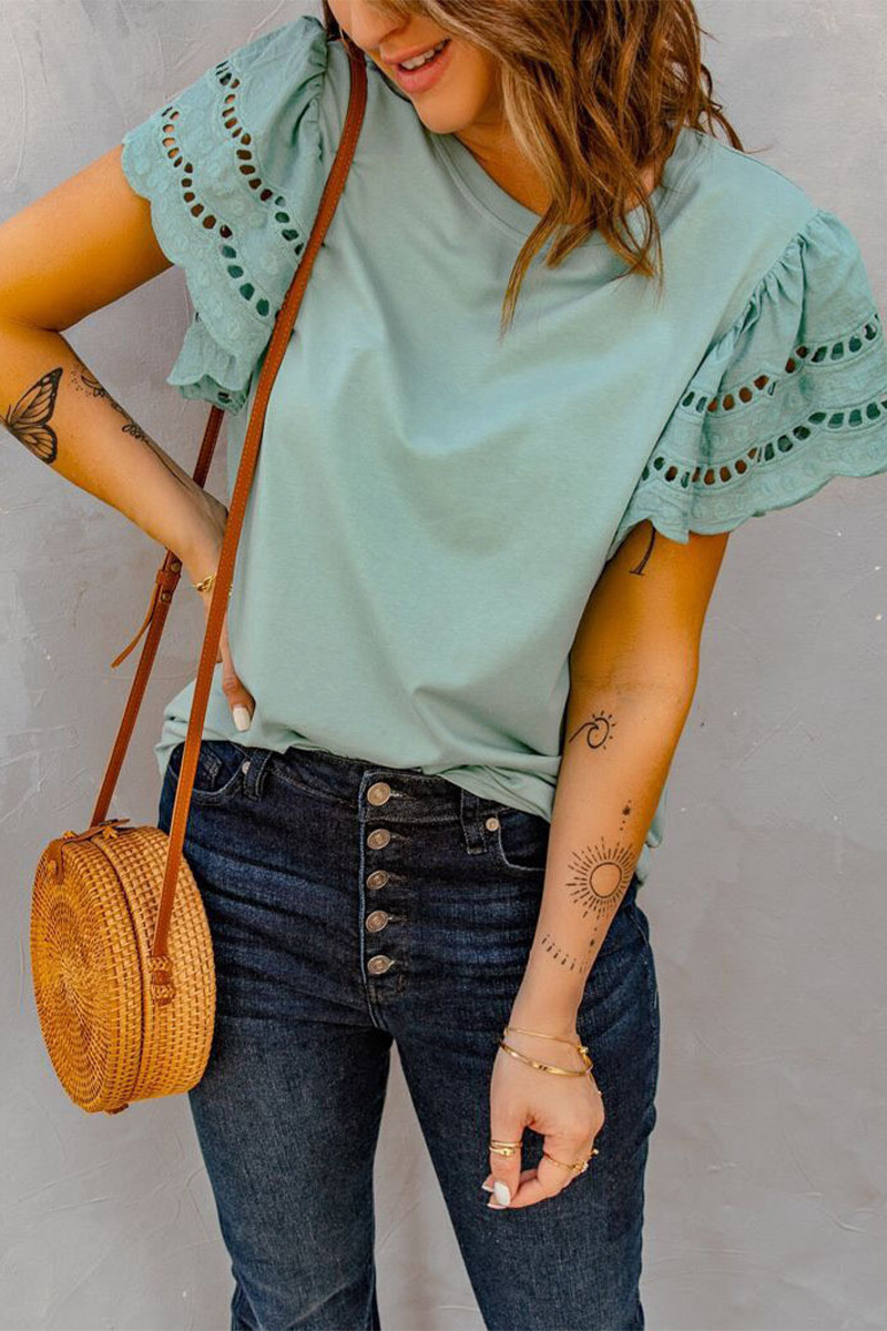Necydress Renee Solid Color Round Neck Lace Short-Sleeved T-Shirt