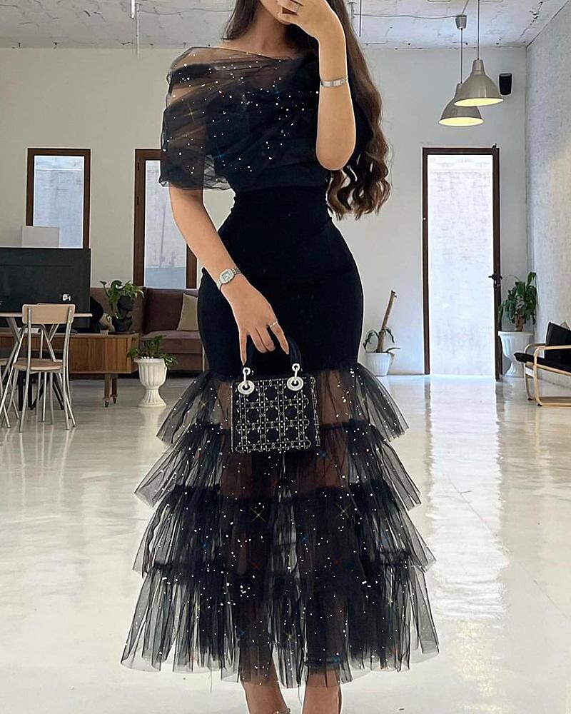 Necydress Celine Sexy Black Mesh Splicing Dress