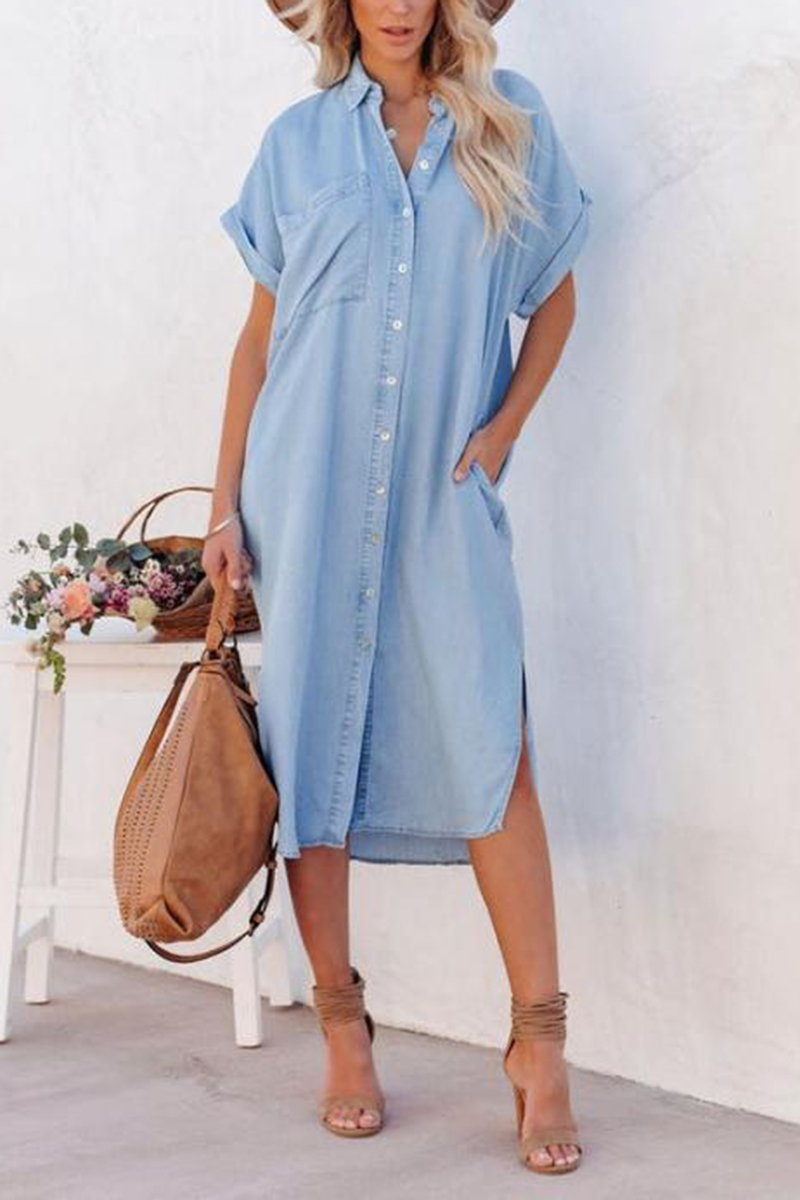 Necydress Shelly Solid Color Denim Short Sleeve Long Slit Shirt Dress