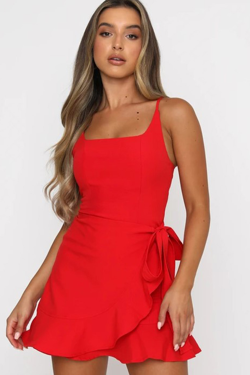 Necydress Renee Spaghetti Strap Waist Tie Knot Wrap Front Ruffle Hem Short Dress