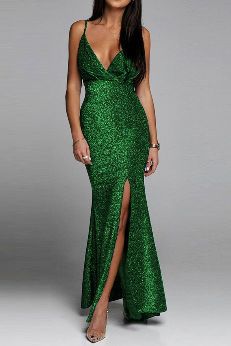 Necydress  Elegant Ladies Party V-Neck Halter Slit Long Dress