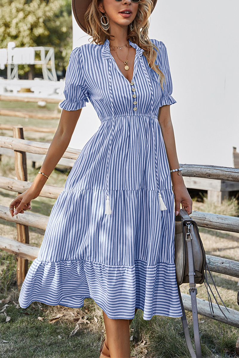 Necydress Simple V-neck Striped Button Dress