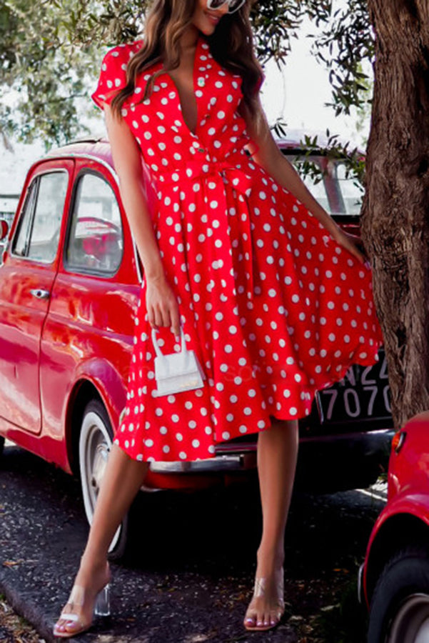 Necydress Sevgi Polka Dot Tie Front Midi Dress