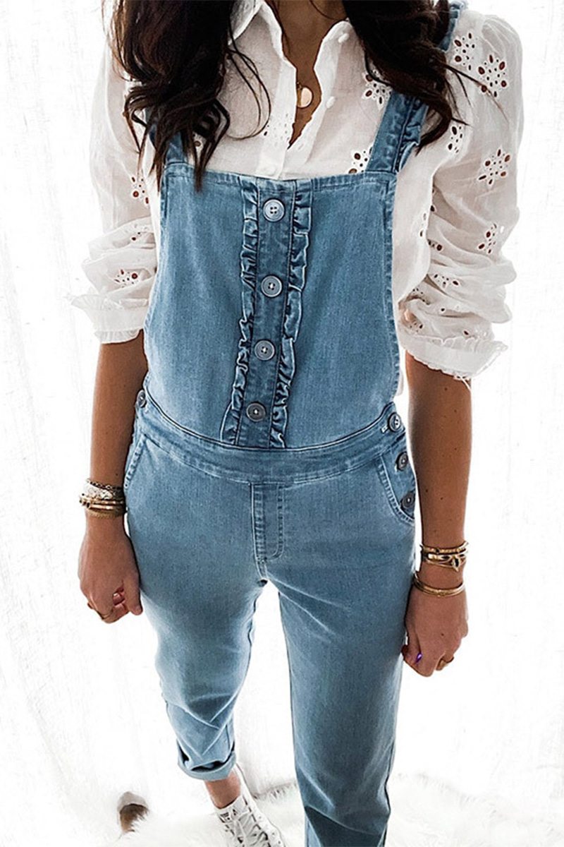 Necydress Ashlie Sweetheart Ruffle Button Down Denim Jumpsuits