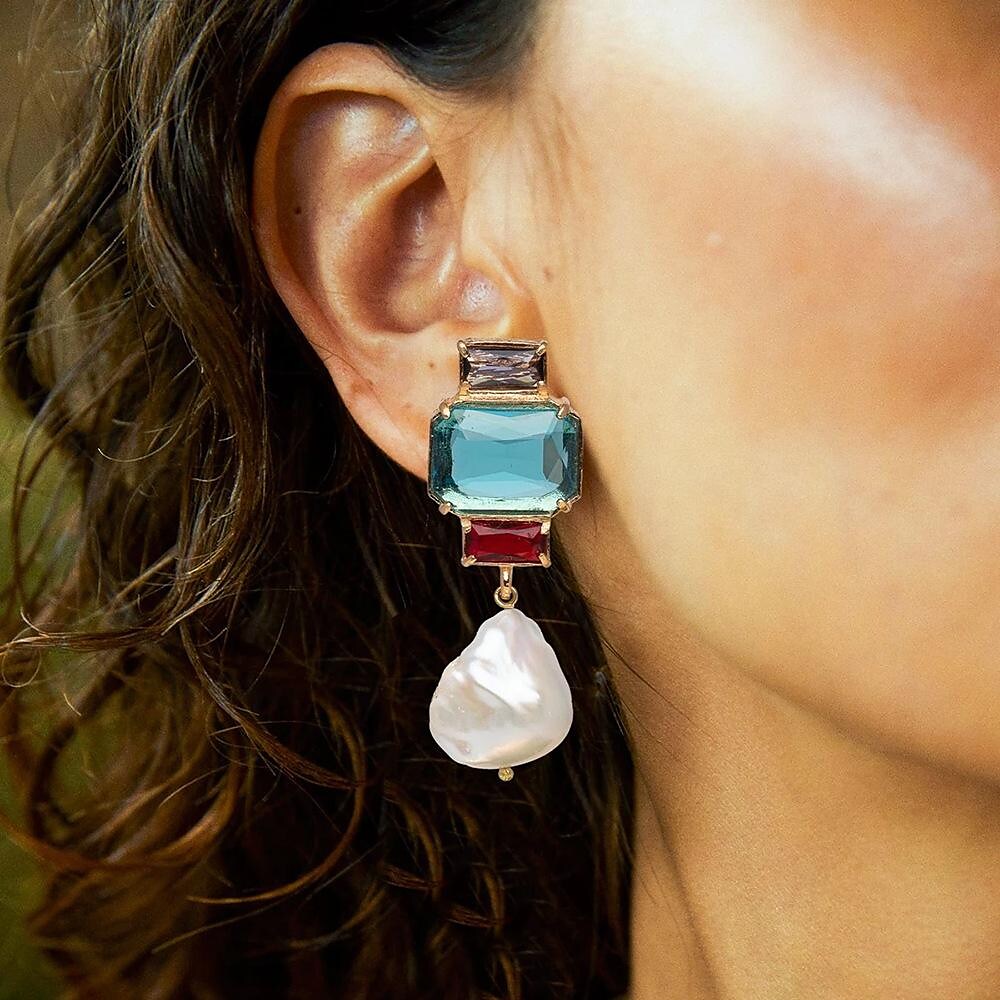 Necydress  Pearl And Diamond Square Patchwork Earrings Fashionable Ladies