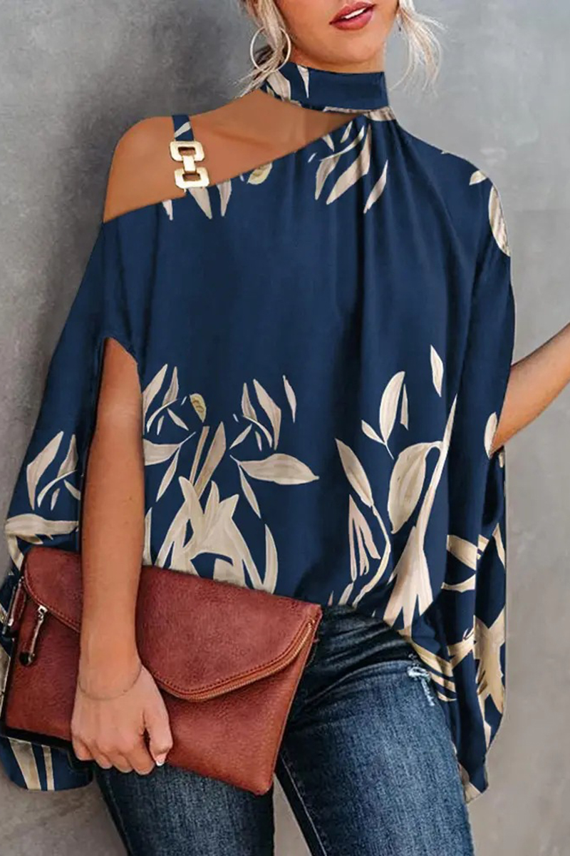 Necydress Tannia Fashion Single Shoulder Hanging Neck Bat Sleeve Print Blouse