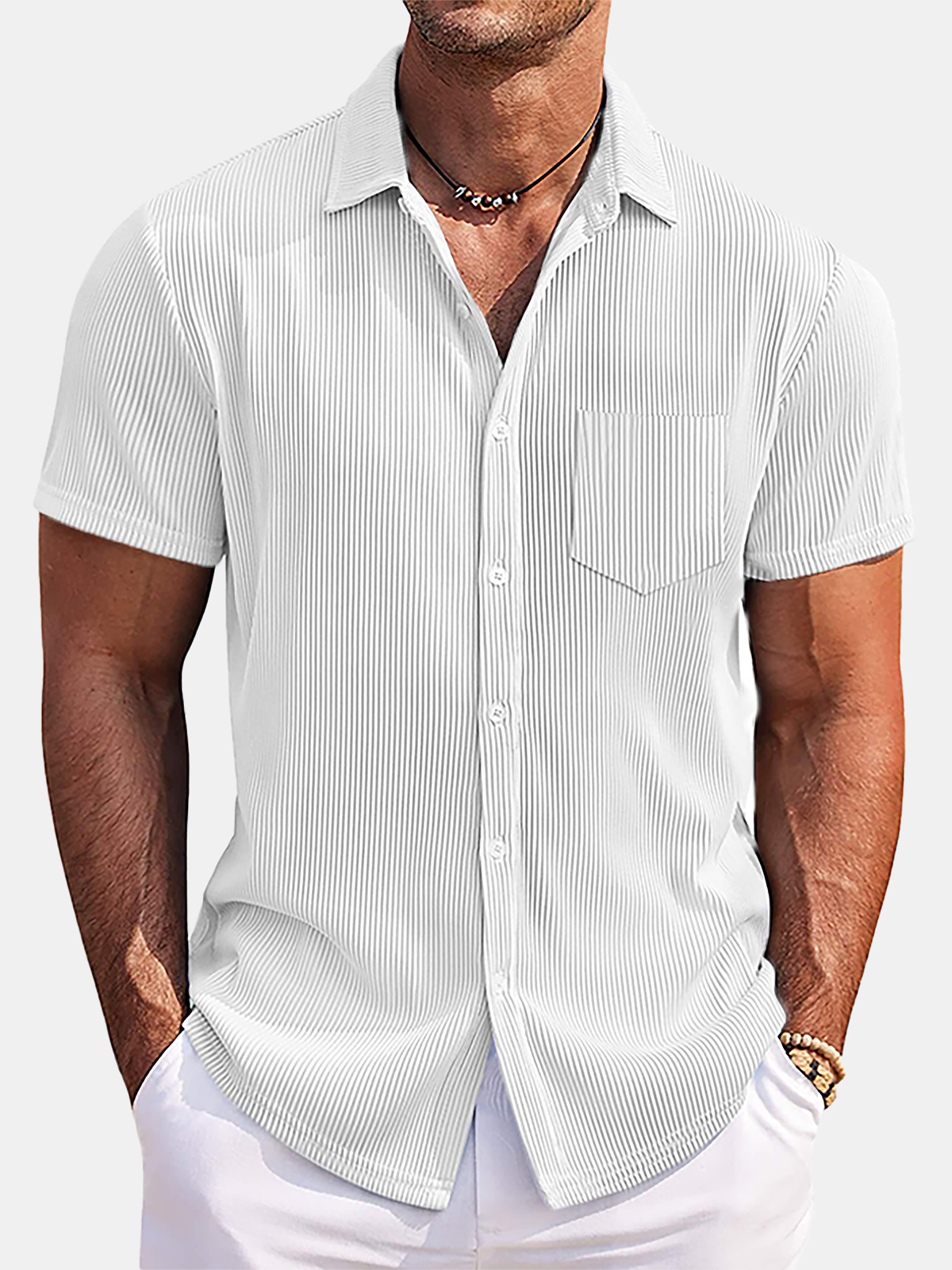 Men's Solid Color Loose And Comfortable Vertical Striped Short-sleeved Shirt