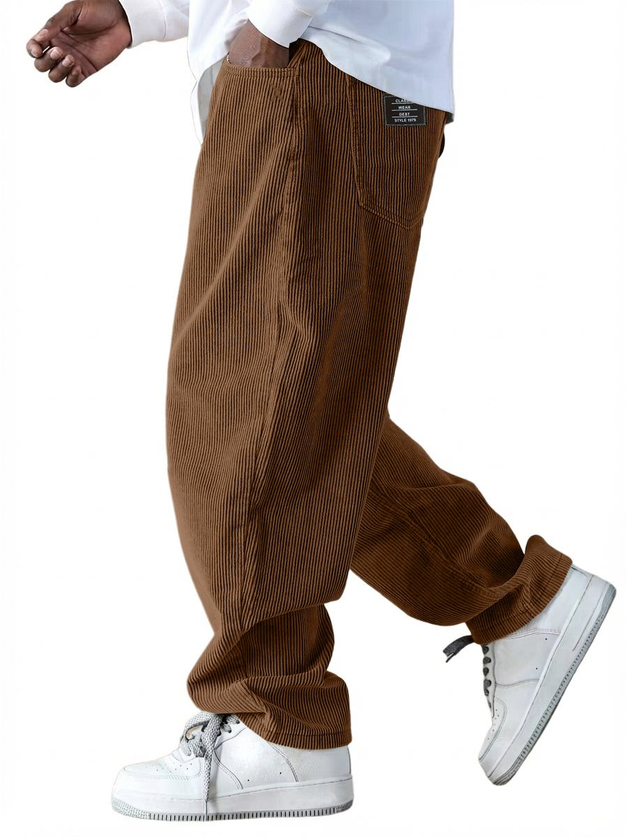 Men's Casual Retro Multi-Pocket Workwear Embroidered Logo Corduroy Pants