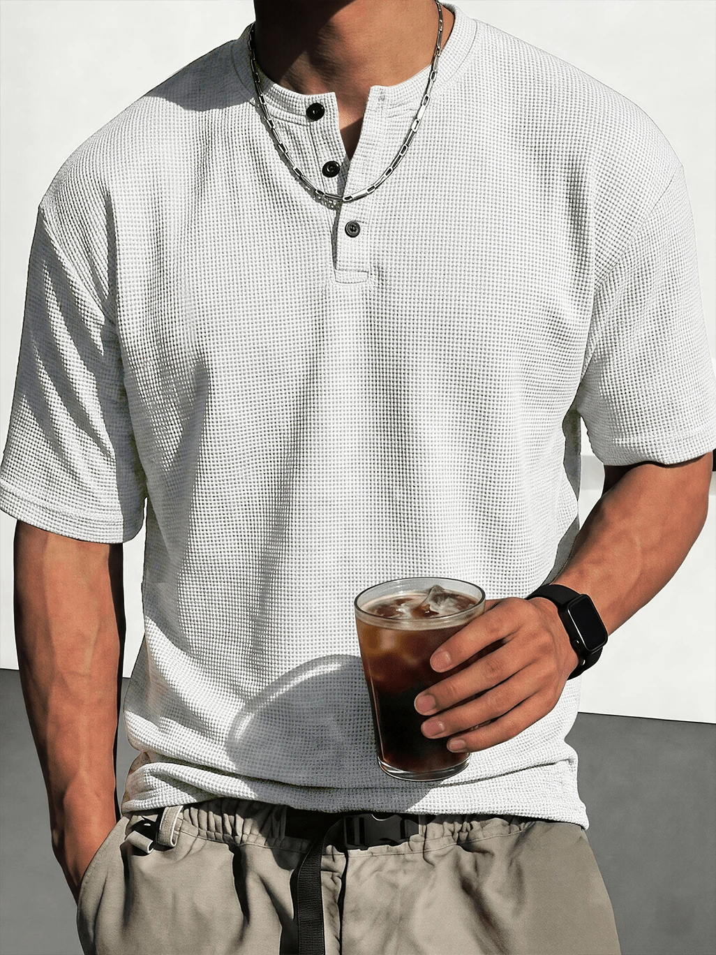 Men's Waffle-Knit Casual Short-Sleeve Henley Shirt