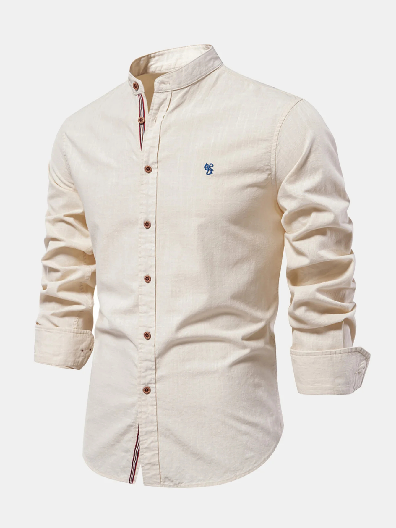 Long Sleeve Linen Embroidered logo Look Stand Collar Shirt
