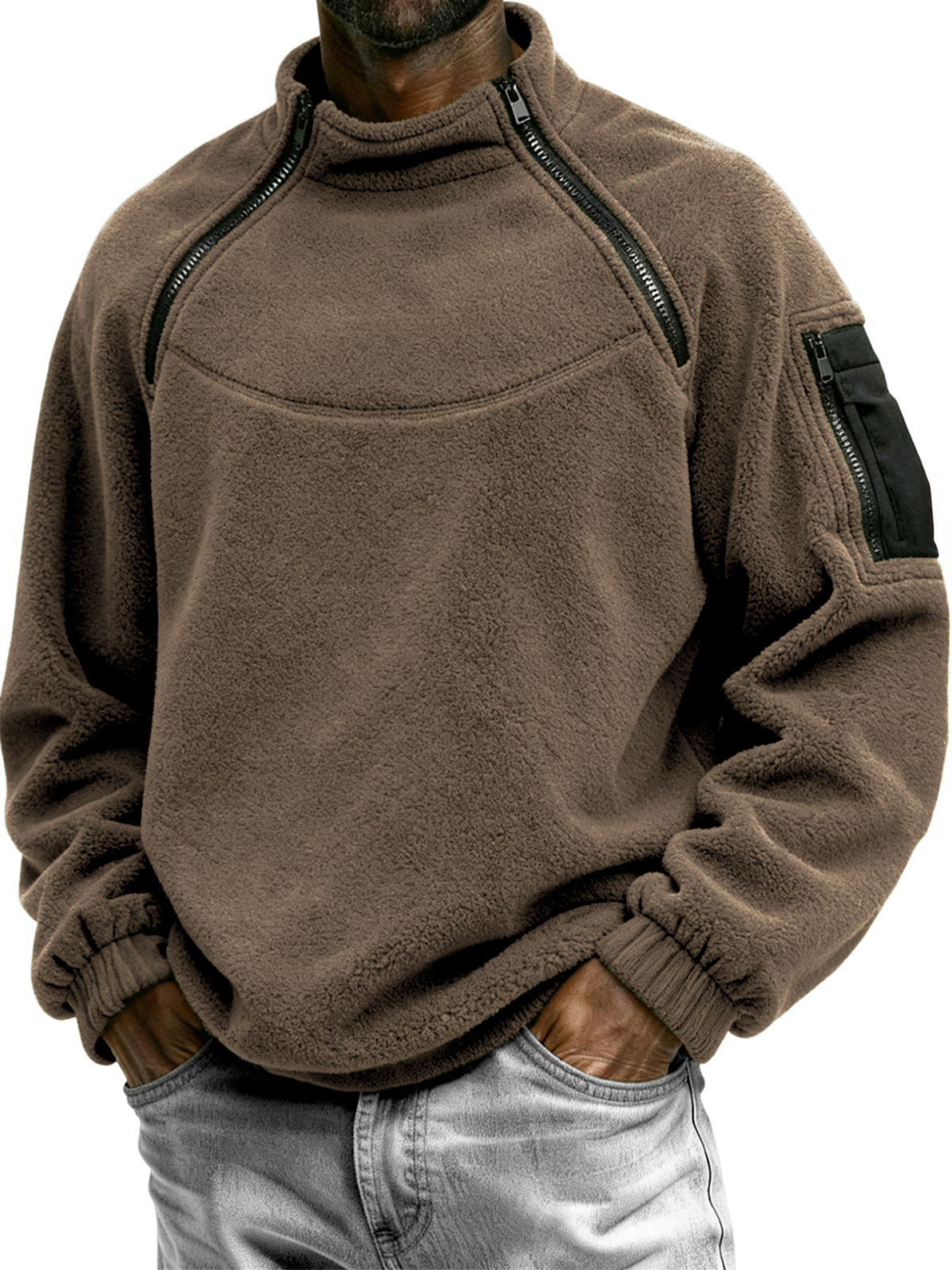 Men's Outdoor Multi-Zip Fleece Stand Collar Pullover Sweatshirt