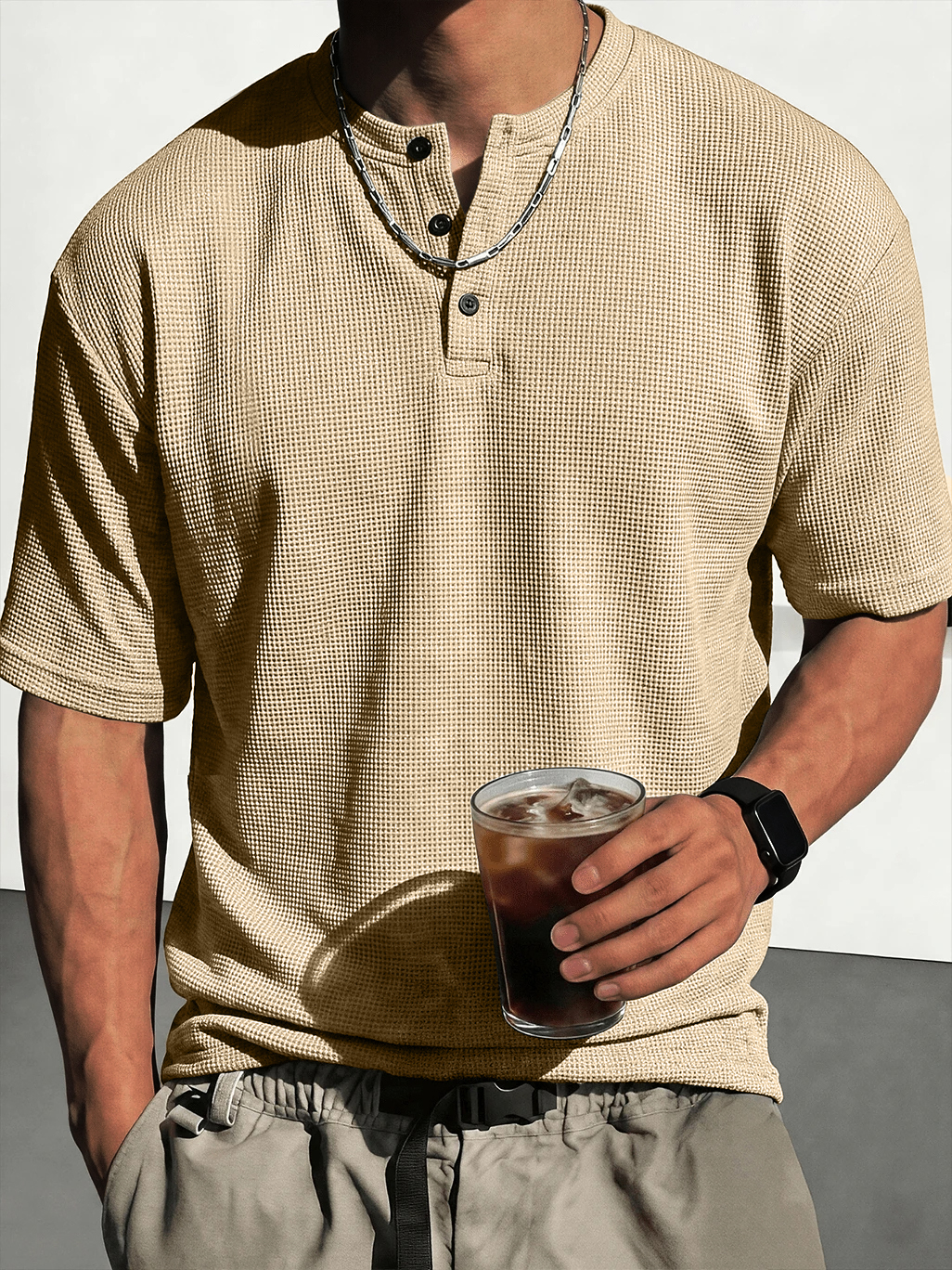 Men's Waffle-Knit Casual Short-Sleeve Henley Shirt