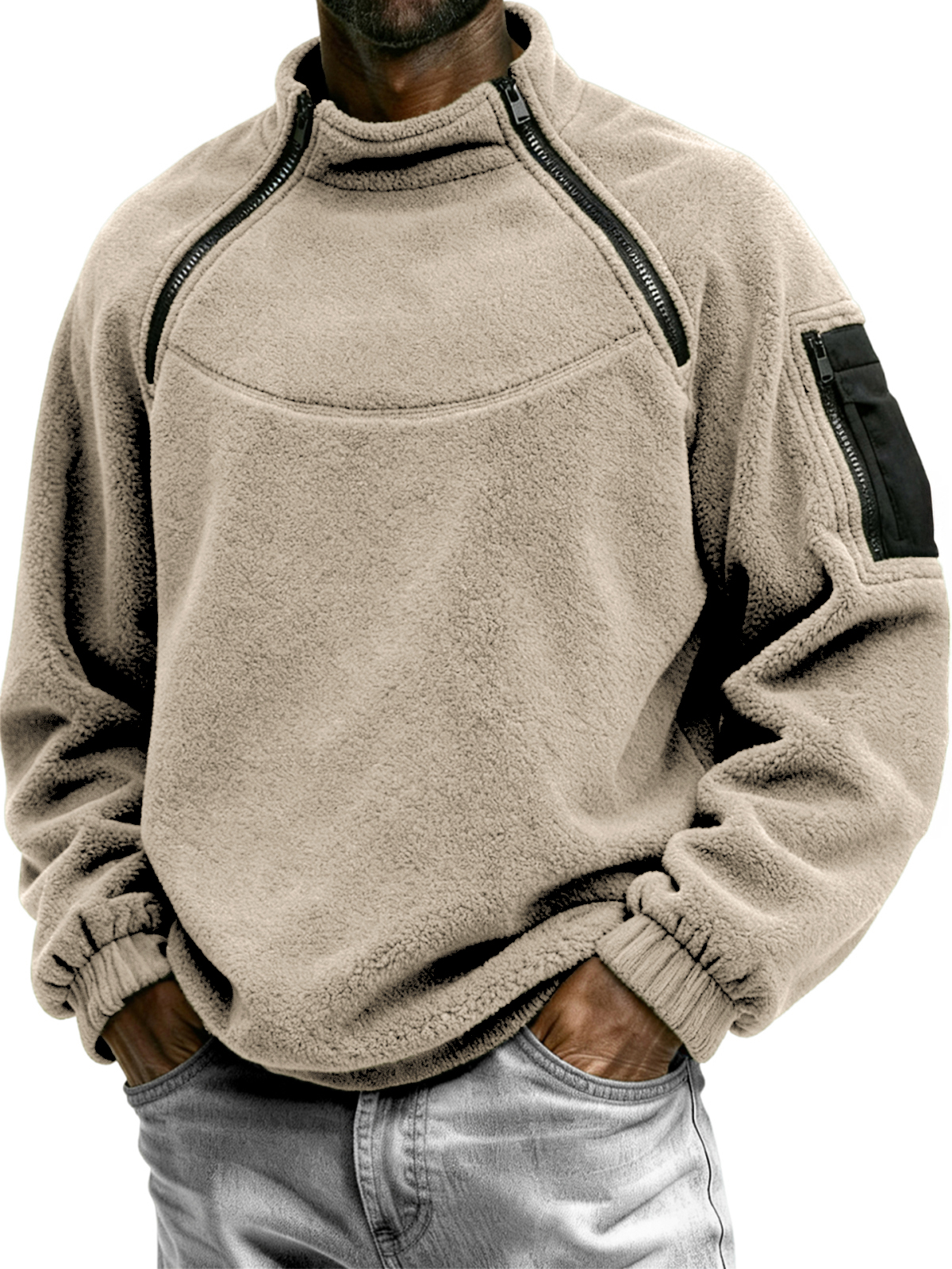 Men's Outdoor Multi-Zip Fleece Stand Collar Pullover Sweatshirt