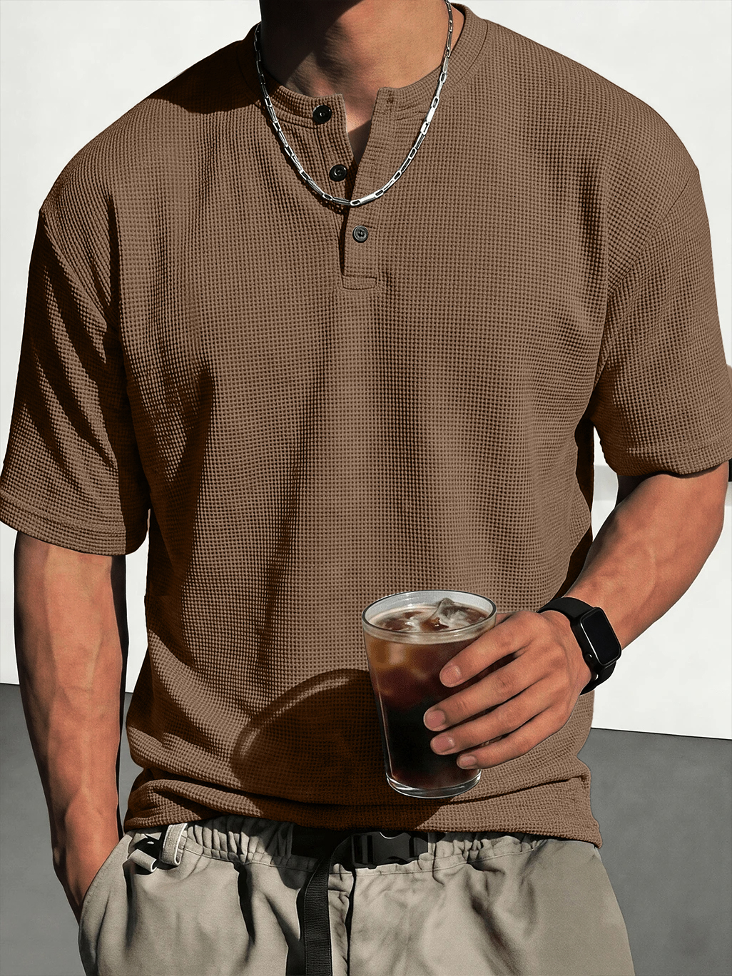Men's Waffle-Knit Casual Short-Sleeve Henley Shirt