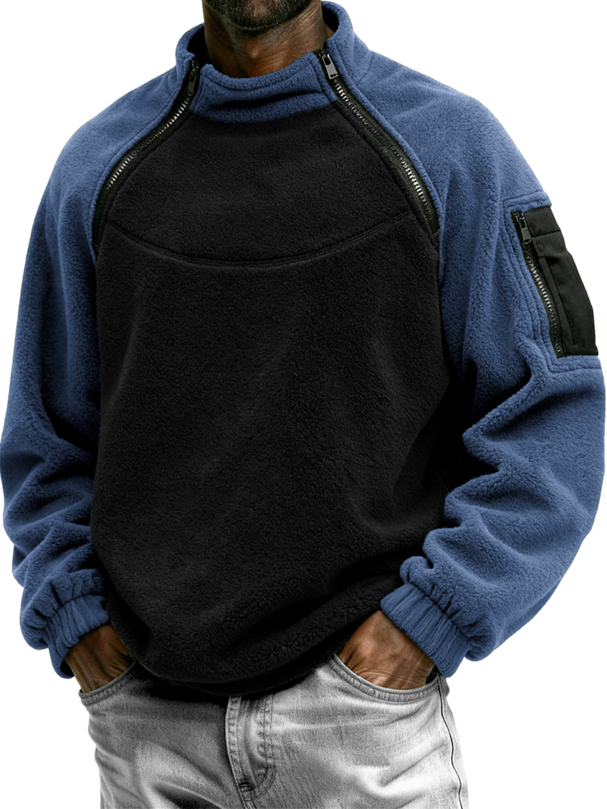 Men's Outdoor Multi-Zip Fleece Stand Collar Pullover Sweatshirt