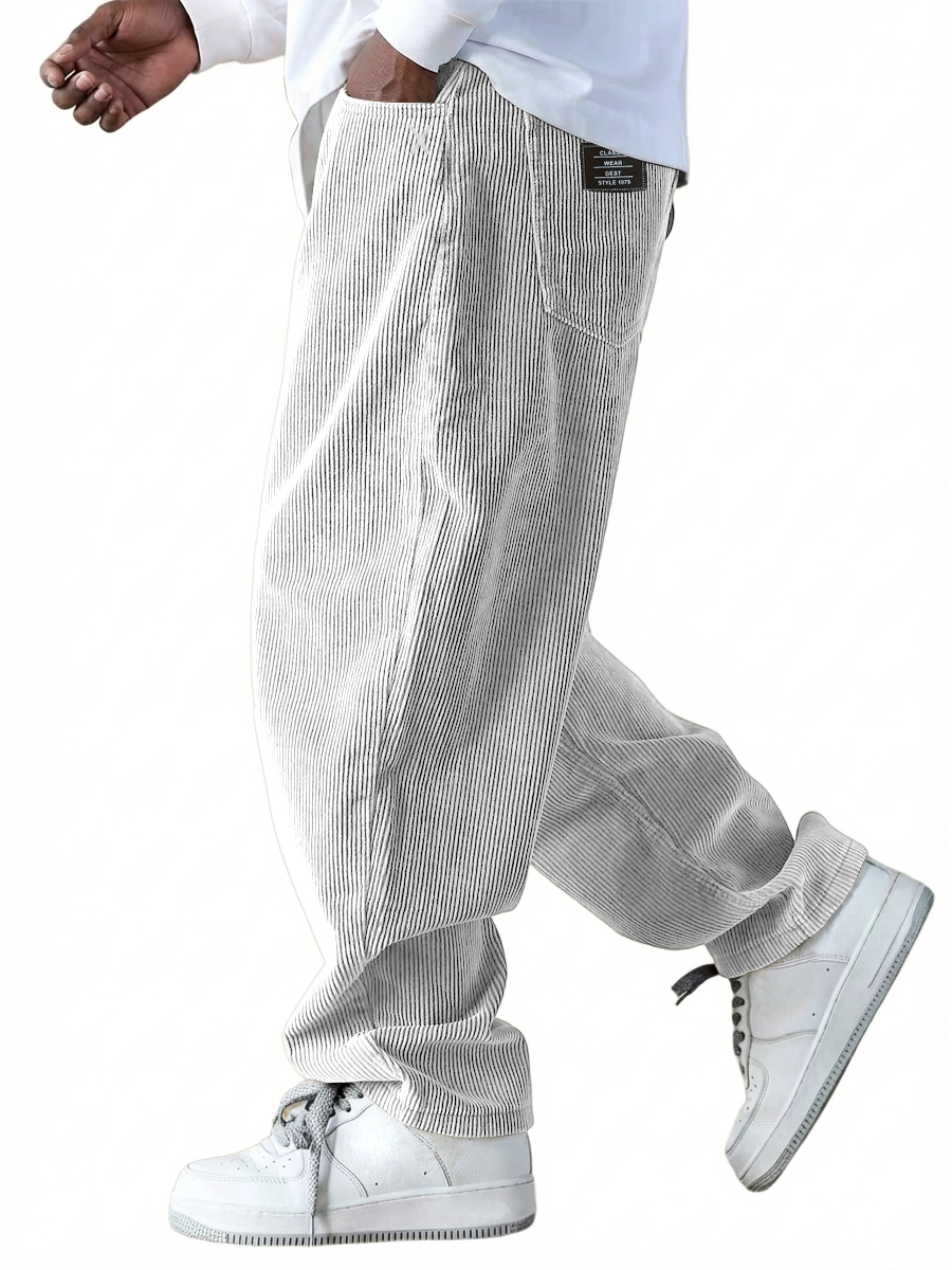 Men's Casual Retro Multi-Pocket Workwear Embroidered Logo Corduroy Pants