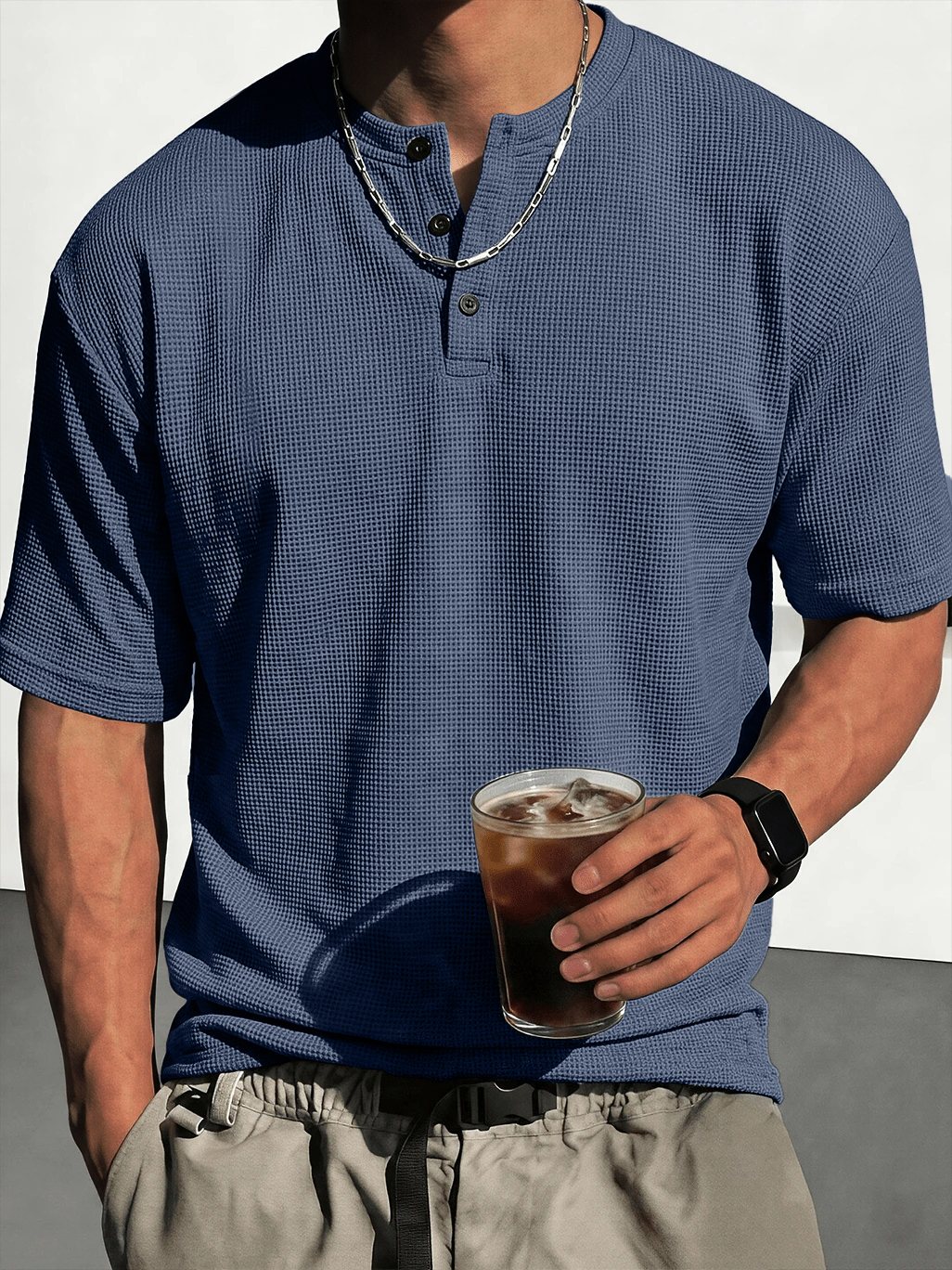 Men's Waffle-Knit Casual Short-Sleeve Henley Shirt