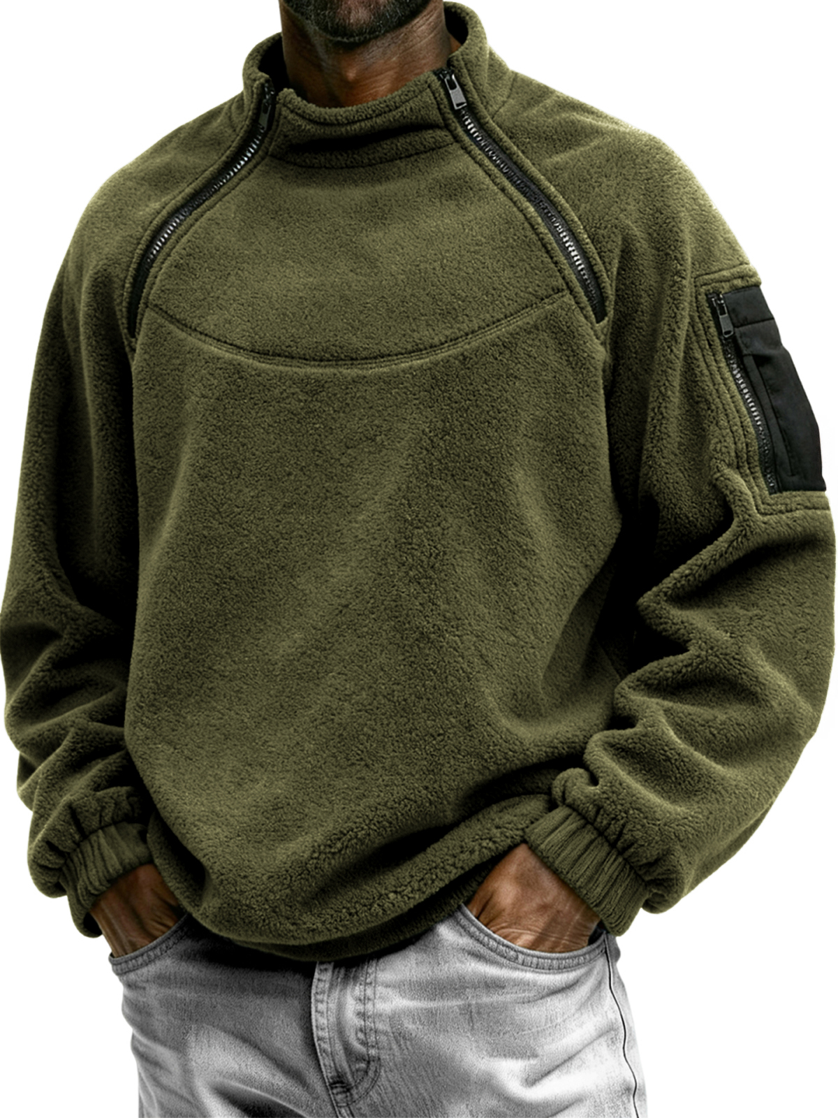 Men's Outdoor Multi-Zip Fleece Stand Collar Pullover Sweatshirt