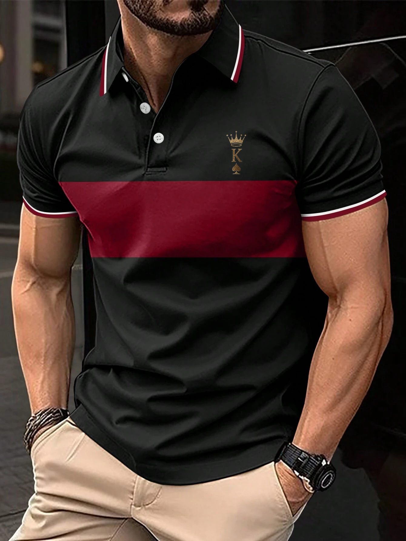  Men's Fashionable Business Patchwork Striped Letter Print Polo Shirt