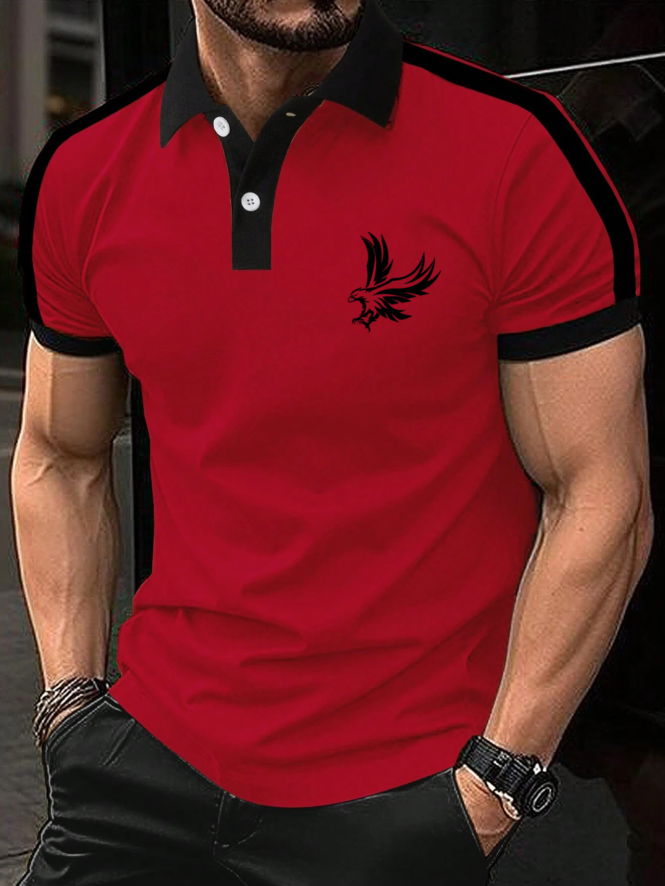 Men's Patchwork Eagle Print Short Sleeve Polo Shirt