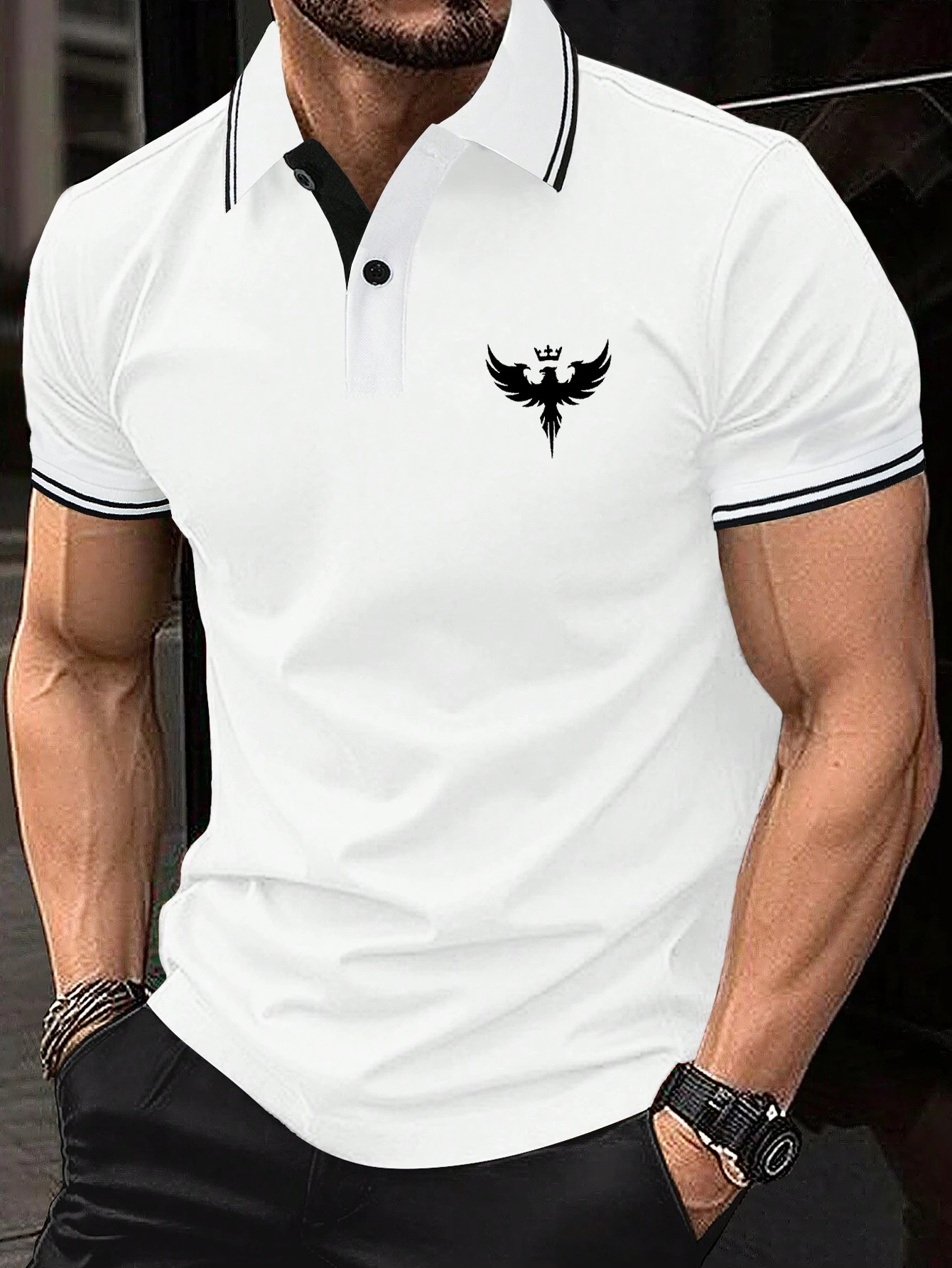 Men's Patchwork Eagle Crown Print Short Sleeve Polo Shirt 