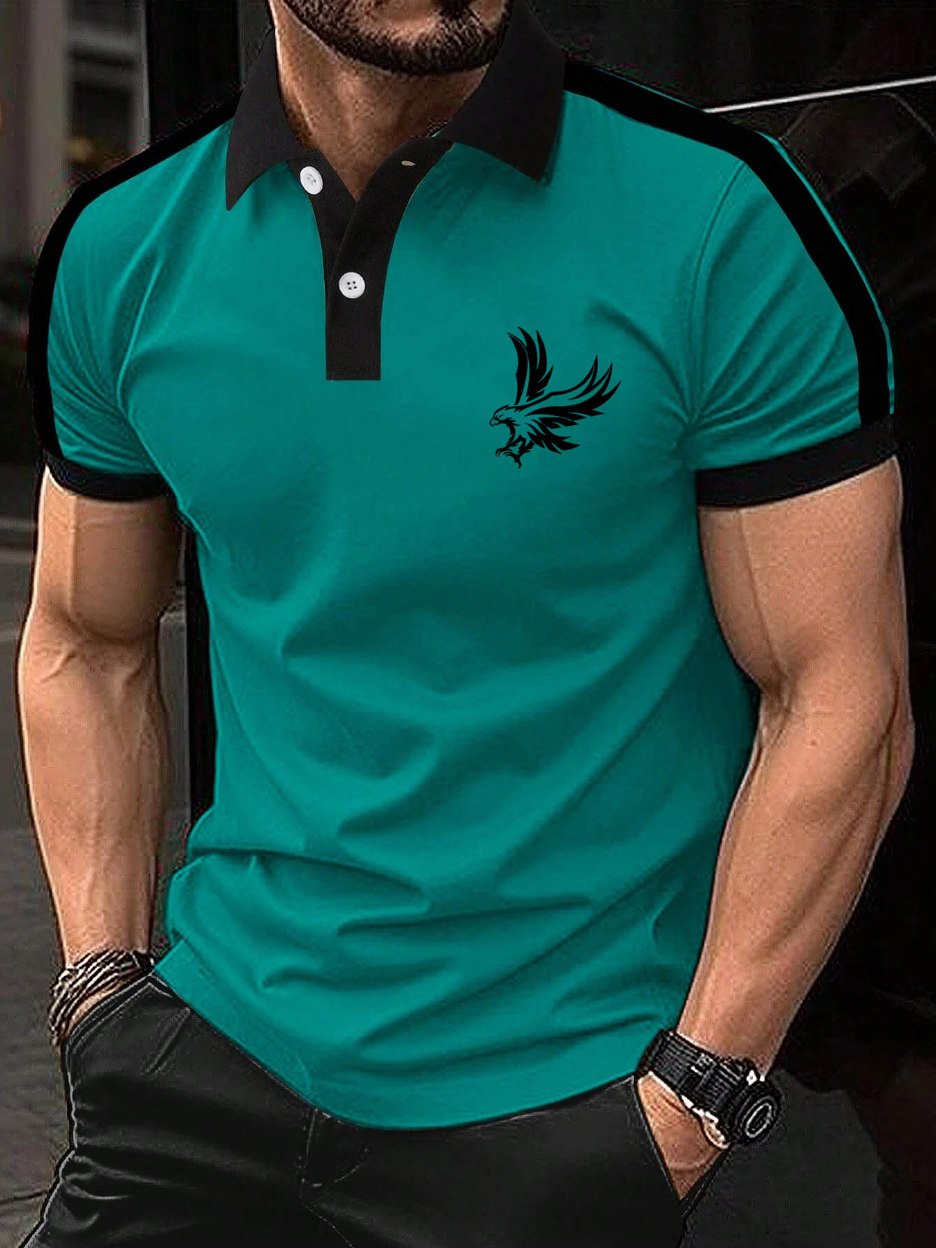 Men's Patchwork Eagle Print Short Sleeve Polo Shirt