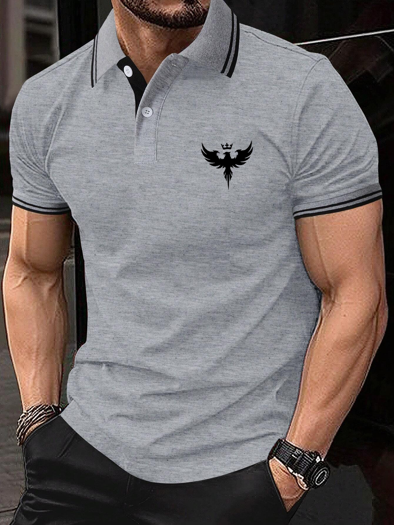 Men's Patchwork Eagle Crown Print Short Sleeve Polo Shirt 