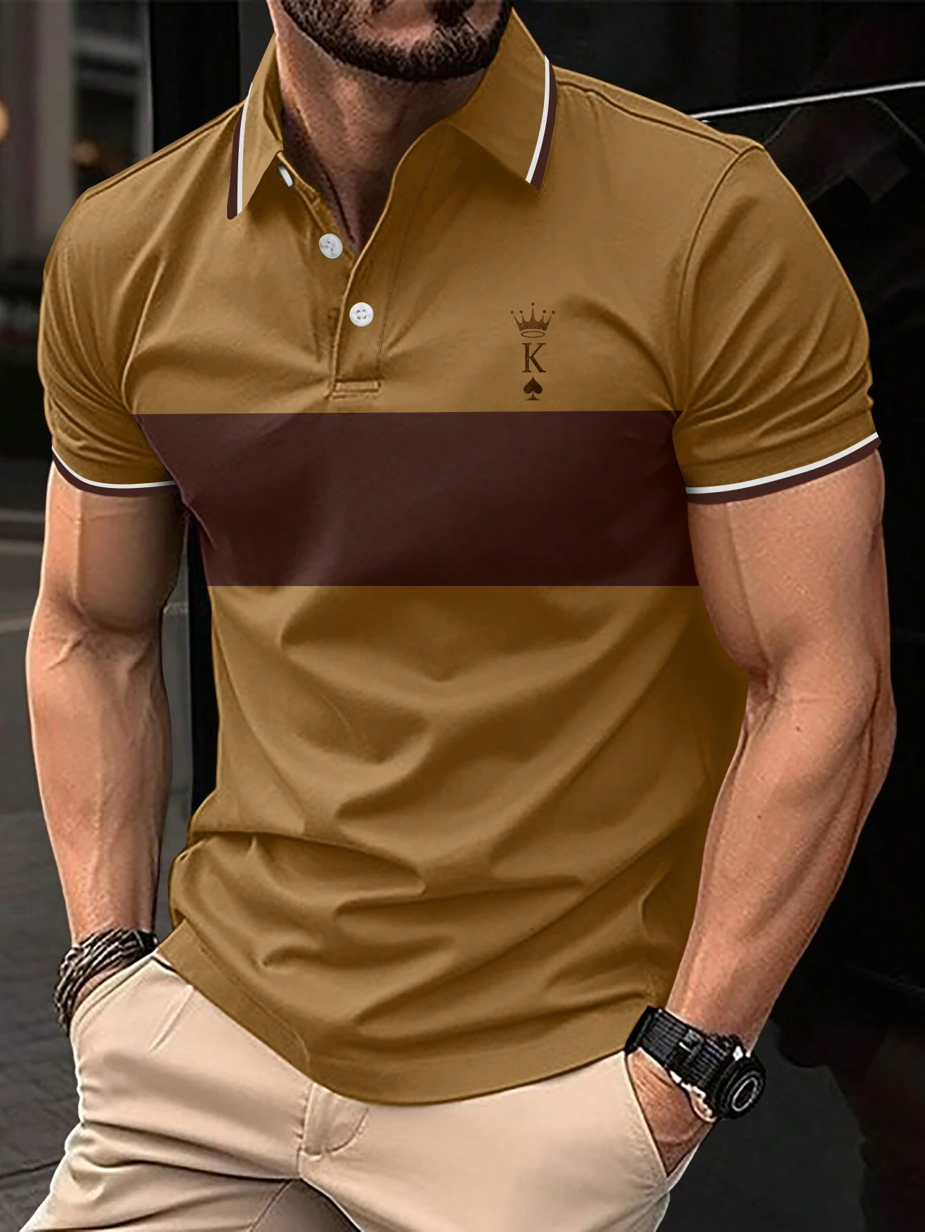 Men's Fashionable Business Patchwork Striped Letter Print Polo Shirt