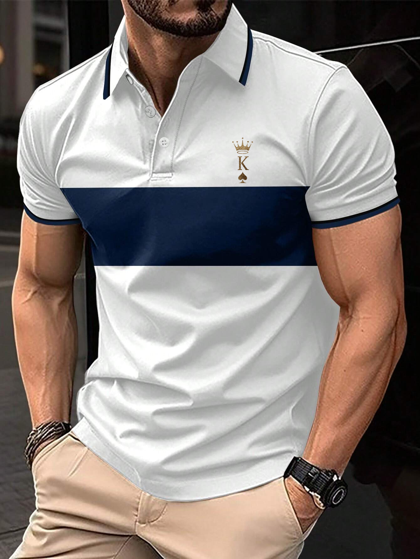  Men's Fashionable Business Patchwork Striped Letter Print Polo Shirt