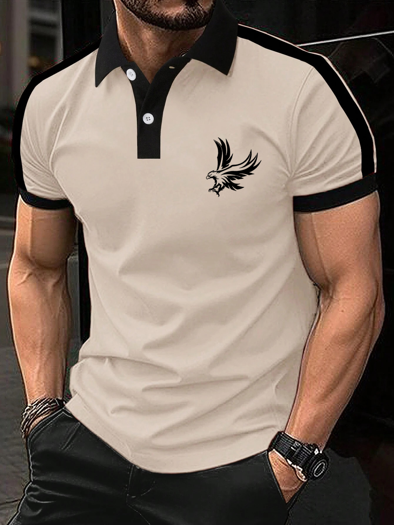 Men's Patchwork Eagle Print Short Sleeve Polo Shirt