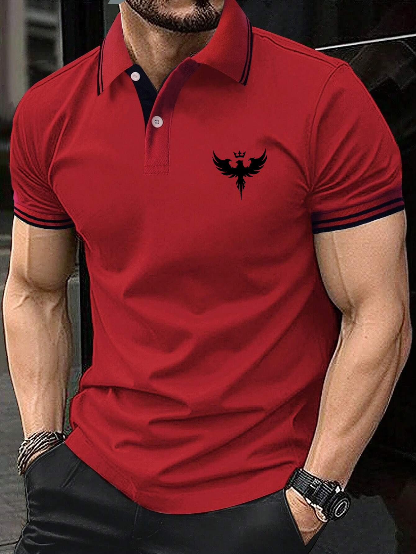 Men's Patchwork Eagle Crown Print Short Sleeve Polo Shirt 