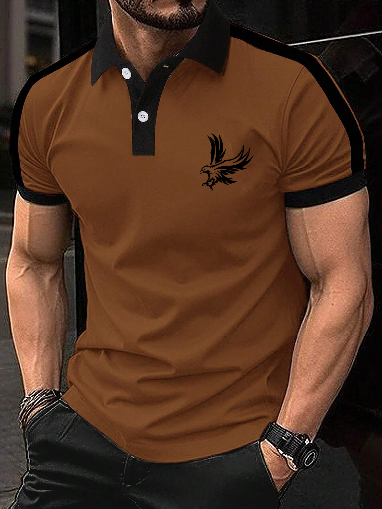 Men's Patchwork Eagle Print Short Sleeve Polo Shirt