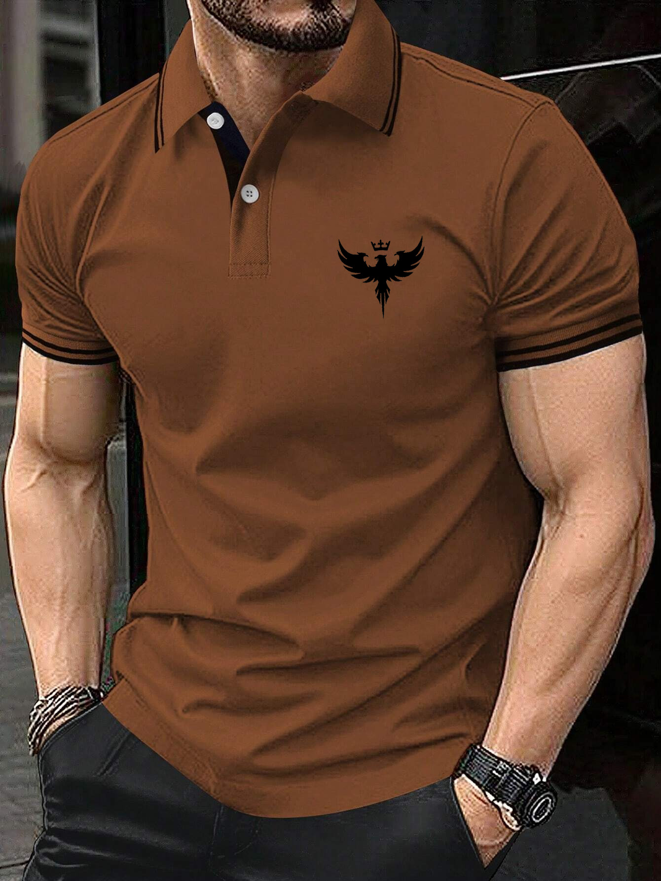 Men's Patchwork Eagle Crown Print Short Sleeve Polo Shirt 