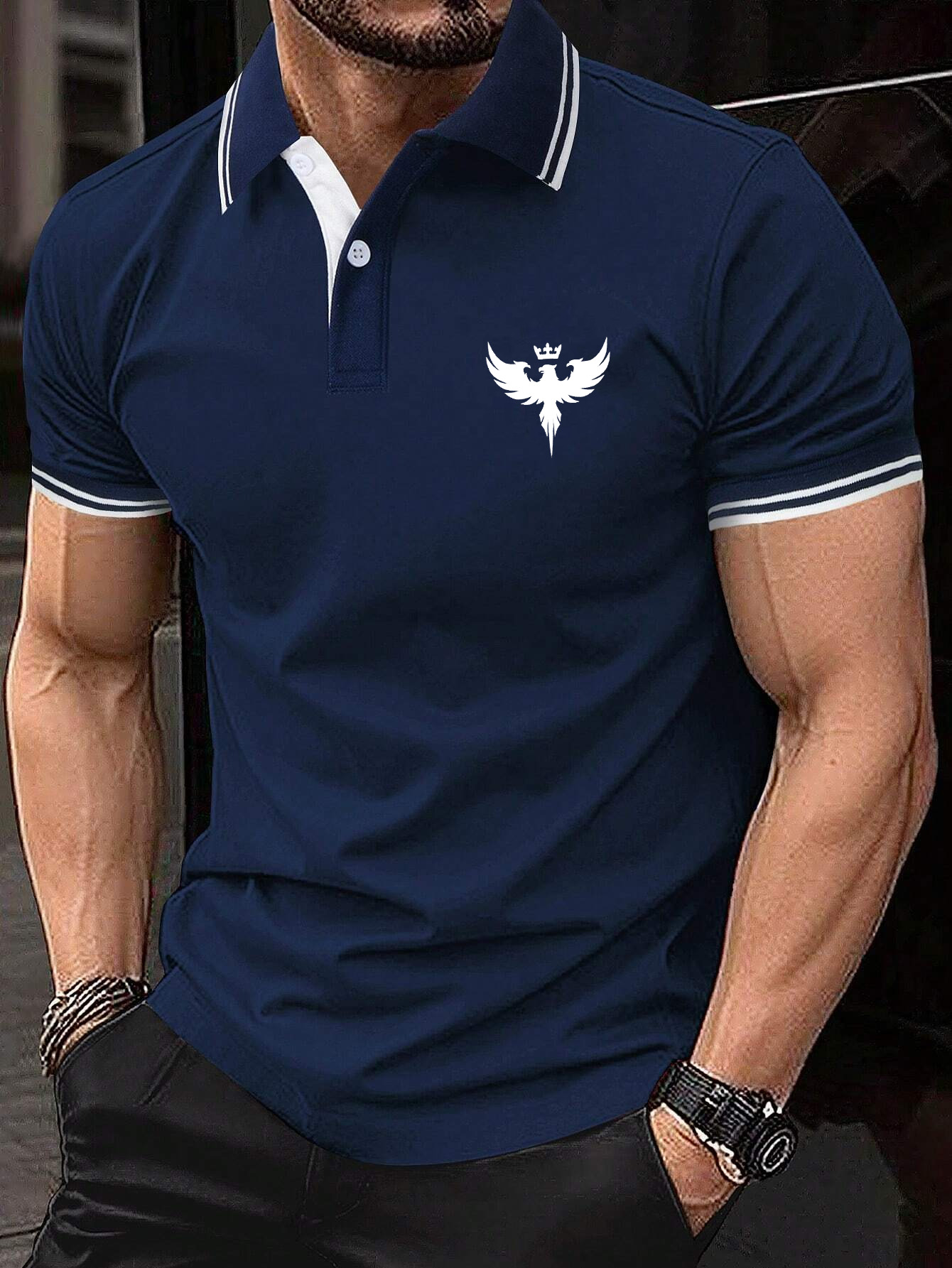 Men's Patchwork Eagle Crown Print Short Sleeve Polo Shirt 